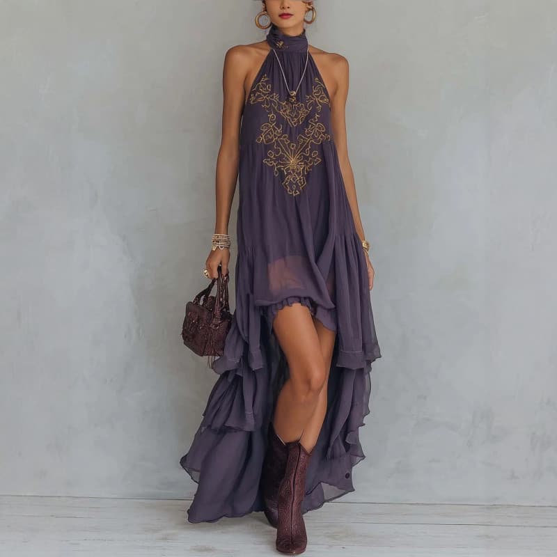 Vestido feminino roxo bordado gola alta sem mangas com babados saia longa Fashion