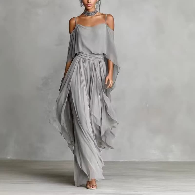 Feminino novo estilo cinza Chiffon sem alças calças de perna larga moda Irregular terno feminino