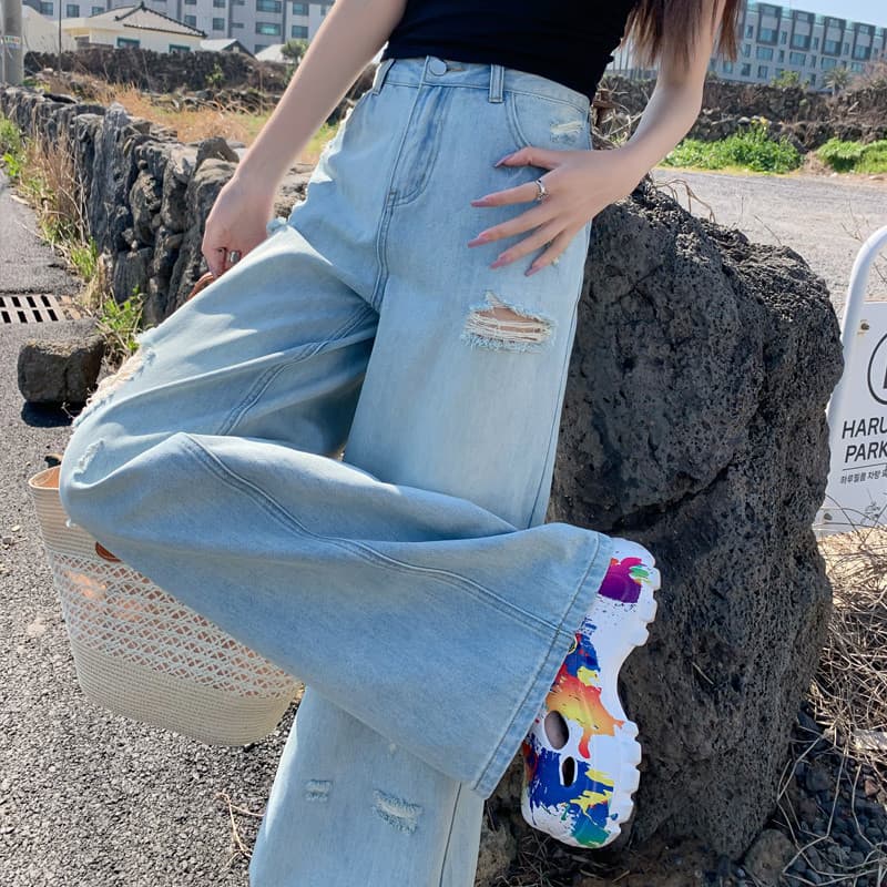 2026 verão novo estilo rasgado na moda perna larga calças de perna reta feminina quente menina estilo Retro Jeans femini