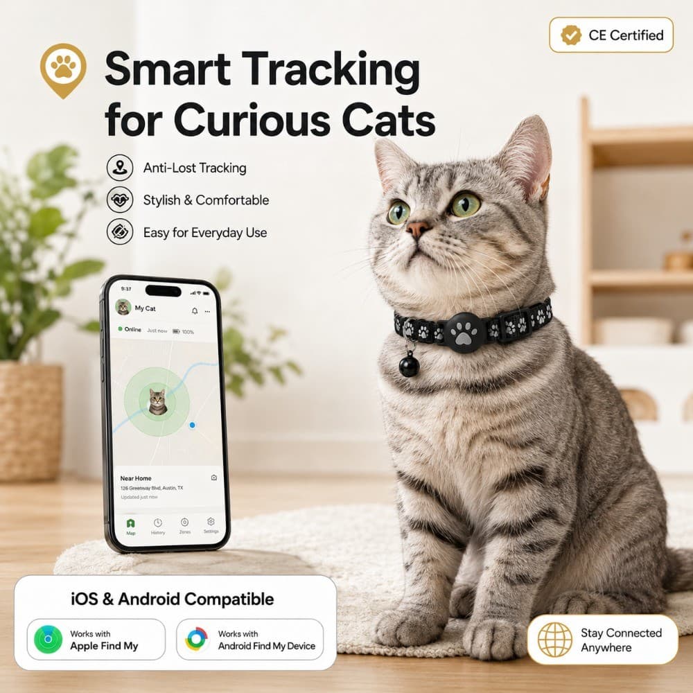 Coleira anti-perda para gatos com suporte para AirTag, reflexiva, ajustável, à prova d'água, compatível com Android e IO