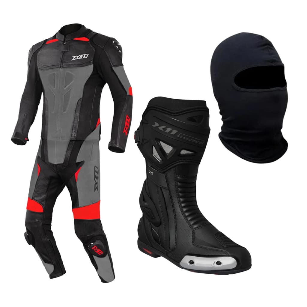 Kit Macacão Couro X11 Speed 2 Vermelho Bota Race Pro Motociclista