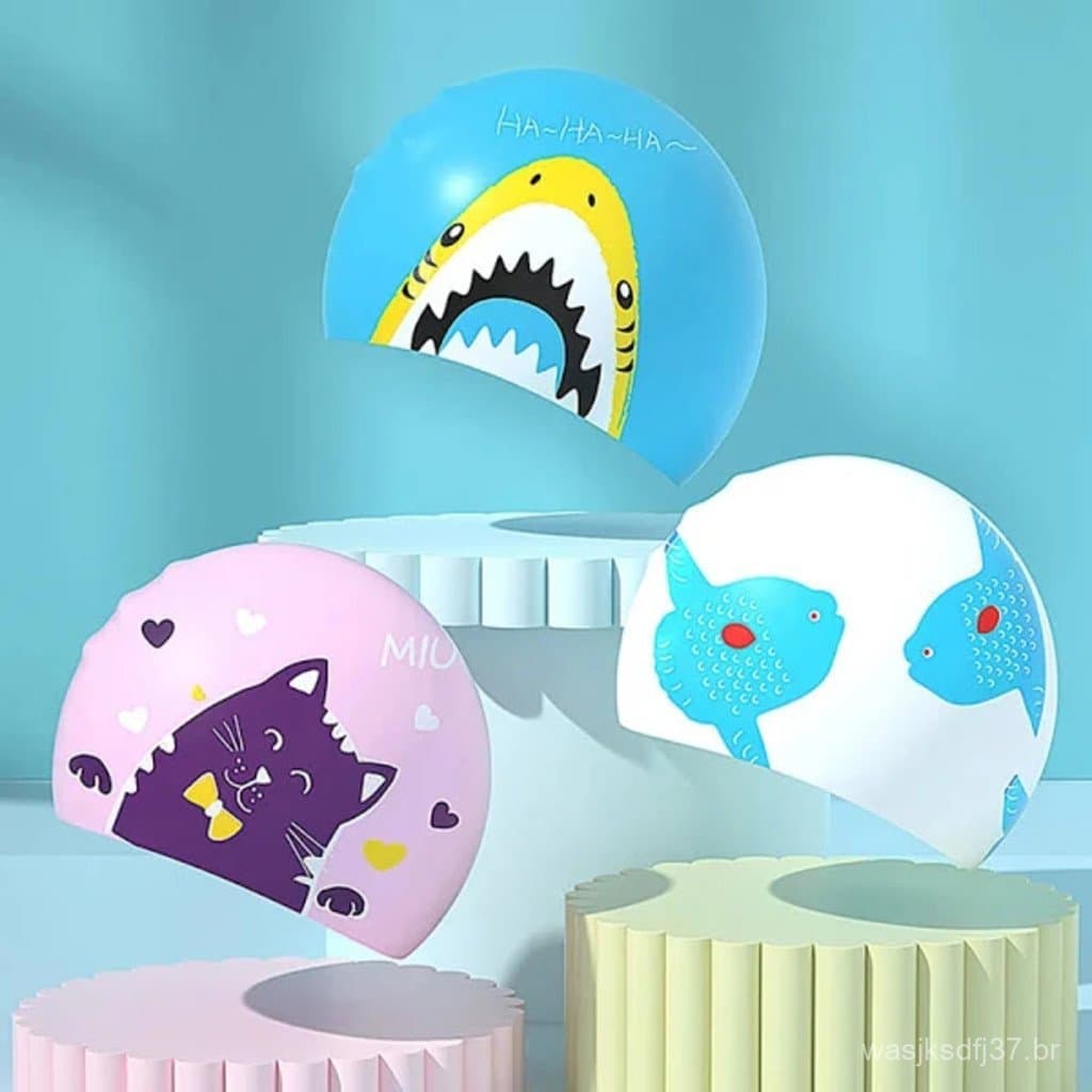 Novas toucas de natação infantis de silicone, com designs para meninos e meninas, à prova d'água.