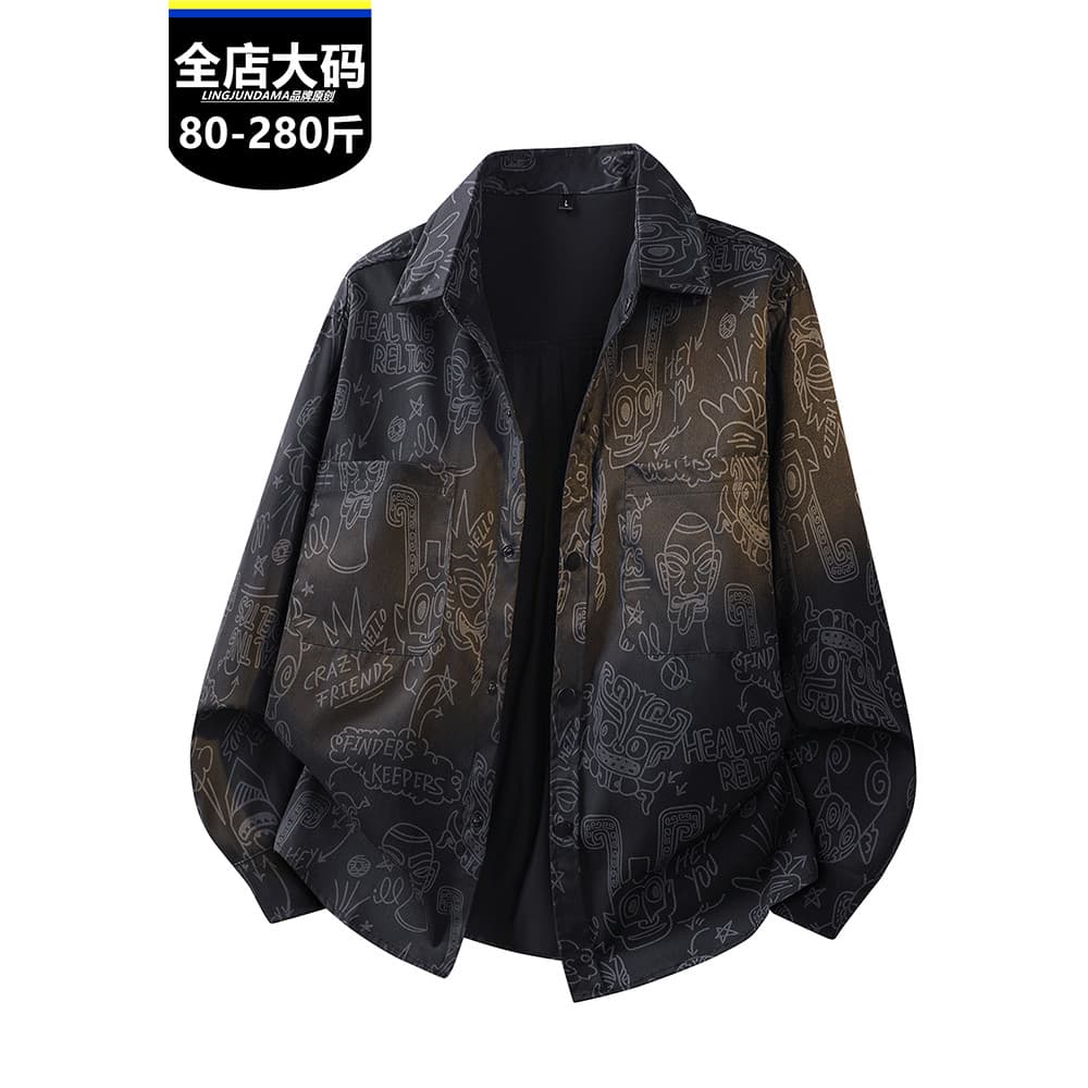 Homens gordos Plus Size americano Retro Graffiti impresso camisa de manga comprida masculina Street Wear lapela solta Ca