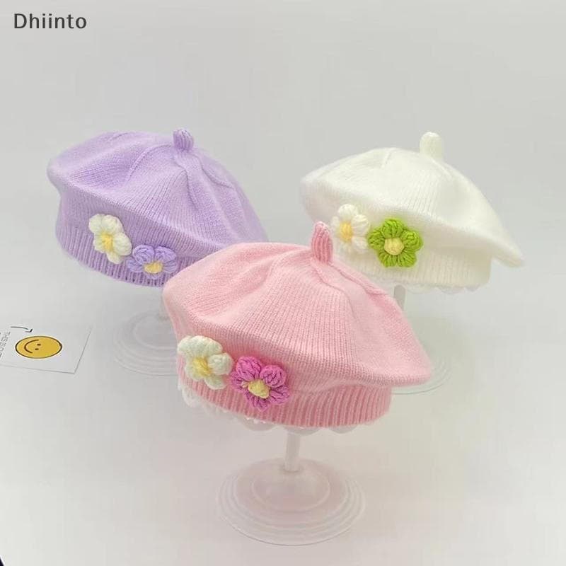 [Dhiint] Chapéu De Boina De Bebê Flor Inverno Quente Gorro De Malha Para Meninas Infantis Coreano Criança Princesa Artis