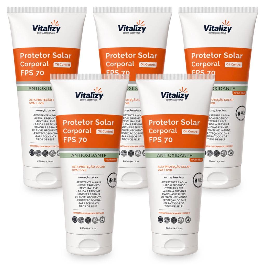 Kit 5x200ml Protetor Solar Corporal 70 FPS Oil Control Antioxidante Toque Seco Alta Proteção Solar UVA UVB Vitalizy