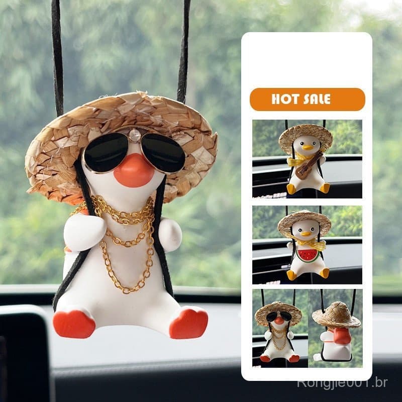 OPENMALL Acessórios Para Carros Chapéu De Palha Pingente De Pato Retrovisor Automático Ornamentos Aniversário Decoração