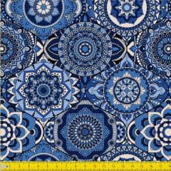 Tecido Tricoline Digital Estampado Mandalas Azul para Bolsa Costura Pano Roupa Algodão