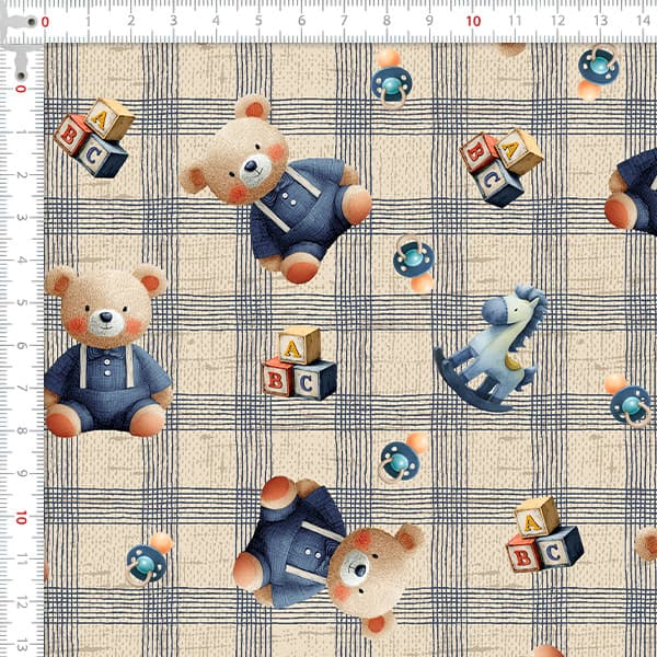 Tecido Tricoline Estampado Digital ABC do Urso Xadrez Pano Enxoval Decoração Costura