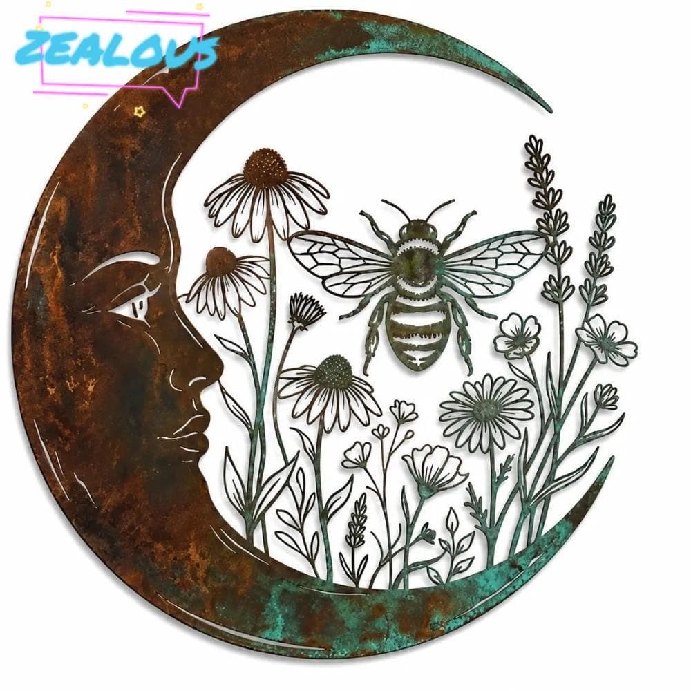 ZEALOUSSS Decoração De Parede De Fada Da Lua , Arte Abelha Libélula De Ferro Desgastado , Design Floral De Flores Silves