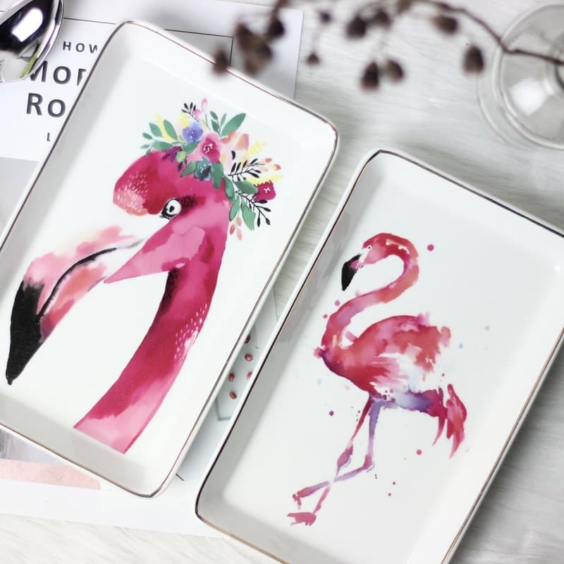 Estilo nórdico cerâmica pintada a ouro Flamingo placa bandeja de armazenamento de jóias comida foto bandeja decoração de
