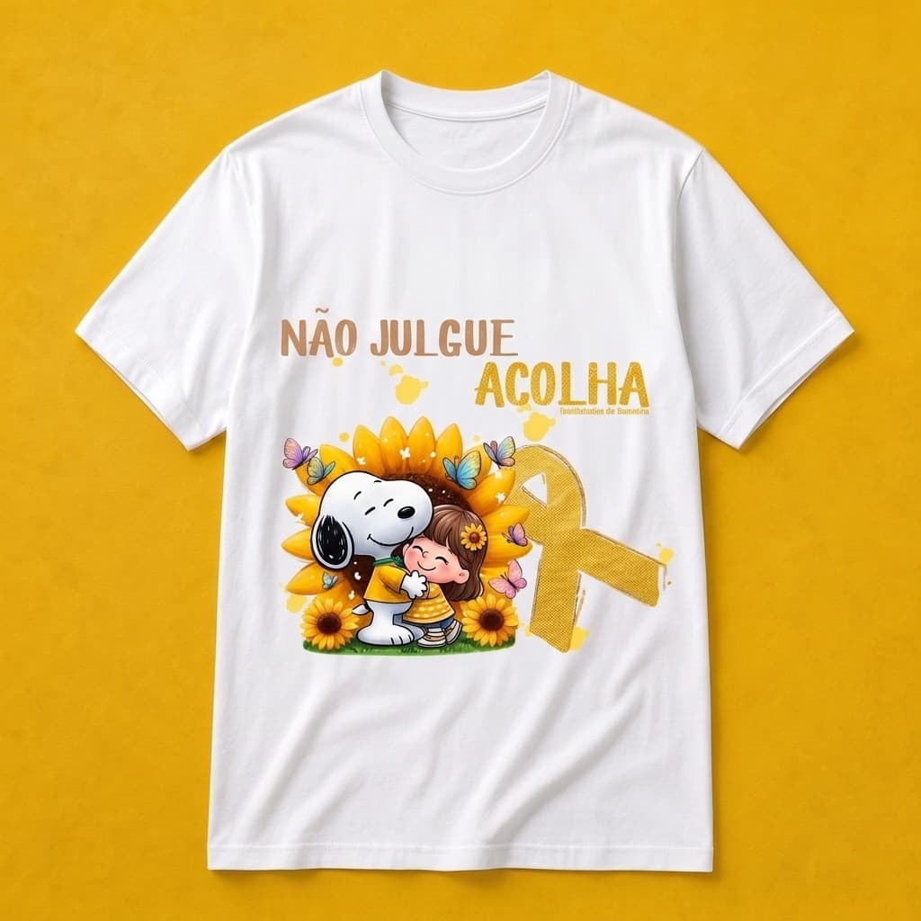Camiseta Setembro Amarelo Snoopy Acolhimento e Amor Unissex Algodão Mensagem Positiva Adulto