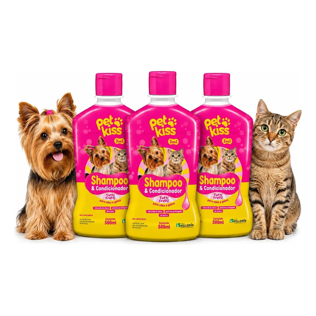 Kit Banho Pet 1,5 Litros Shampoo 2 em 1 Tutti-Frutti Pet Kiss Cães e Gatos