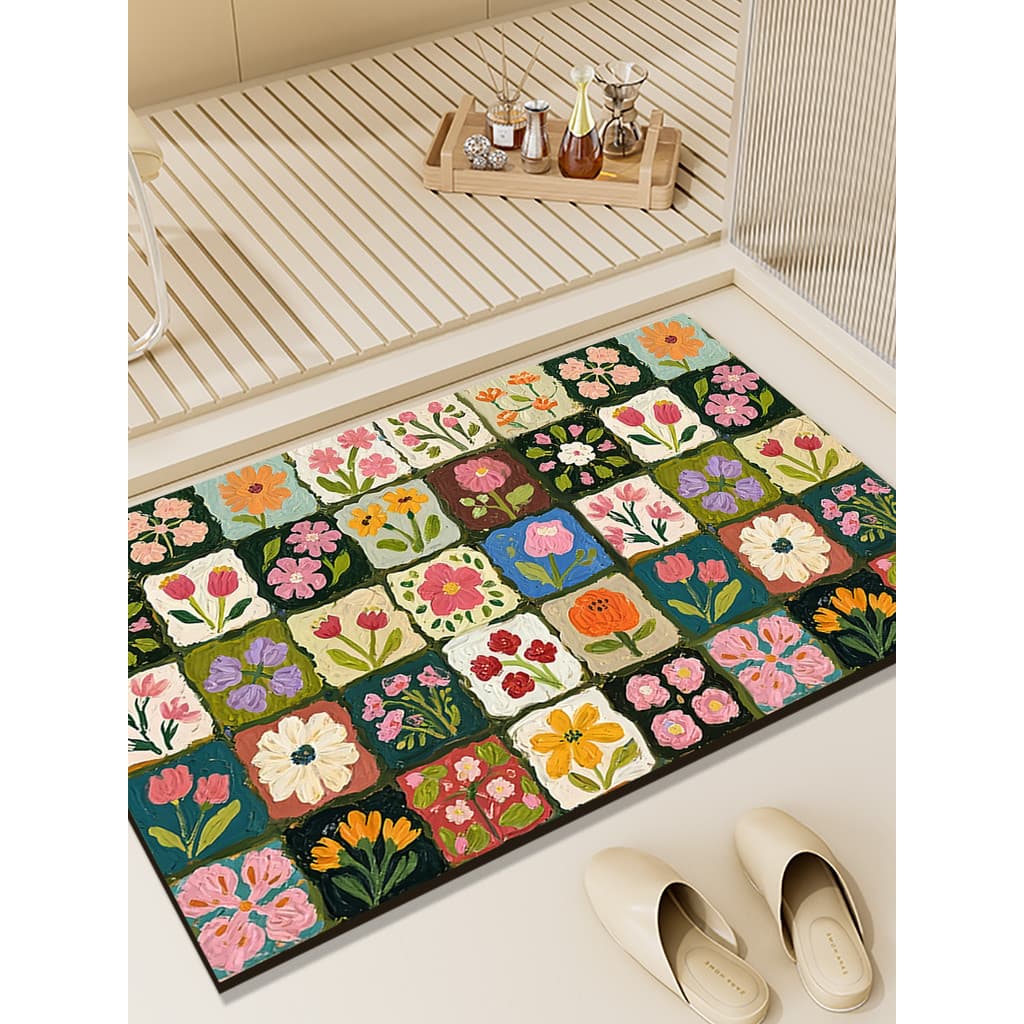 Estilo de pintura a óleo flor Diatom lama tapete de chuveiro absorver água de secagem rápida pé esteira casa toalete res