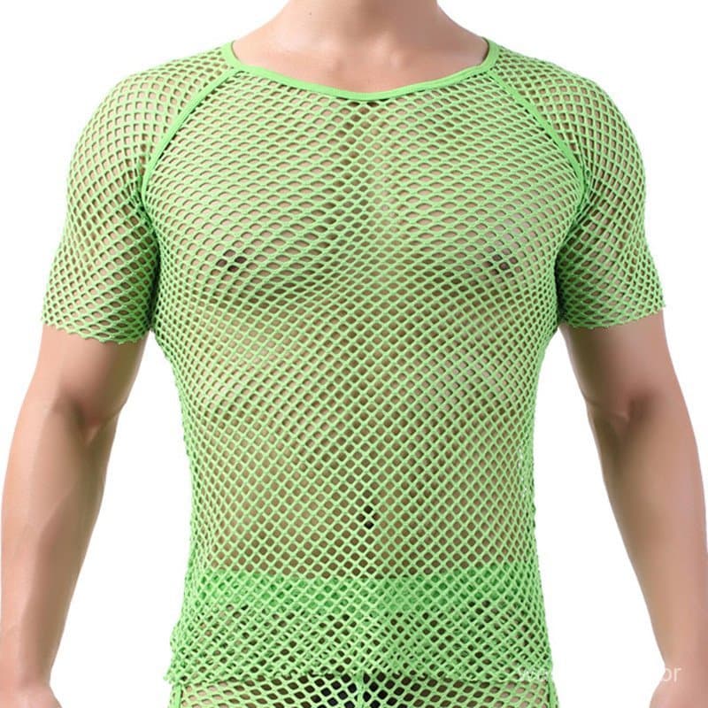Camiseta Masculina De Malha Transparente Arrastão Oca Streetwear Realizar Tops De Manga Curta