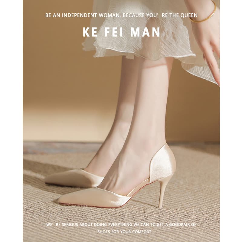 [Kefiman] Simples salto alto feminino verão cetim francês apontou sapatos de salto agulha copo de vinho salto cor champa