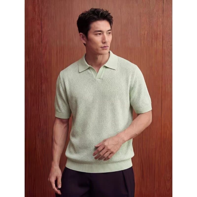 Camisa polo de manga curta masculina verão fina malha lapela camiseta High-End textura Casual respirável camisa polo top