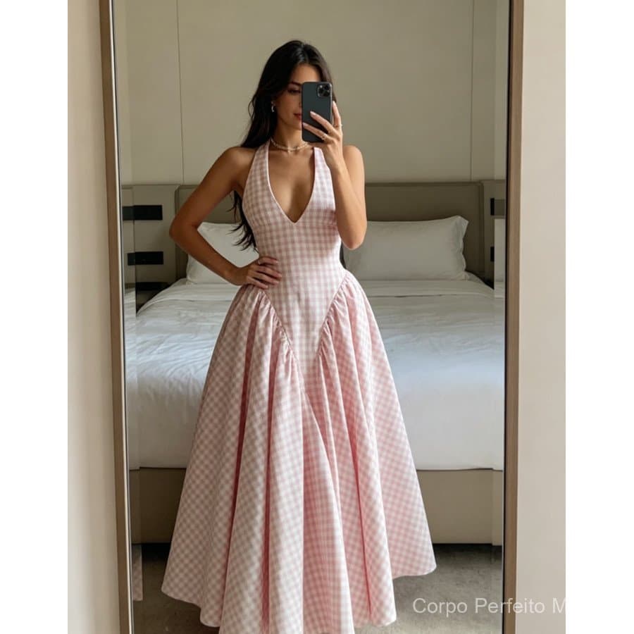2026 estoque pronto feminino verão novo estilo temperamento elegante Halterneck com decote em V cintura estreita vestido