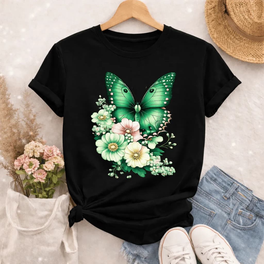 Camiseta Borboleta Verde Flor Camisa T-shirt Modinha Casual