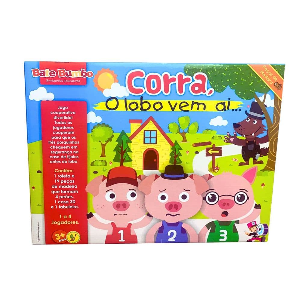 Jogo de Tabuleiro Infantil Cooperativo Educativo Corra, o Lobo Vem Aí Brinquedo Educativo Madeira - Bate Bumbo - 3 anos