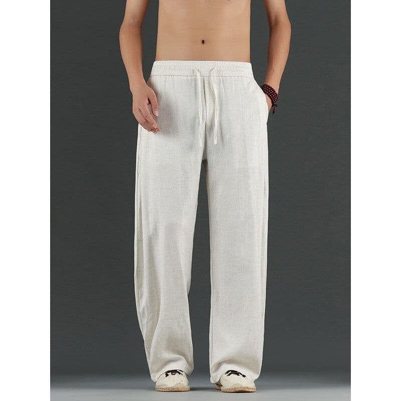 Estilo chinês All-Match calças de linho masculino solto em linha reta calças casuais tamanho grande cintura elástica cal