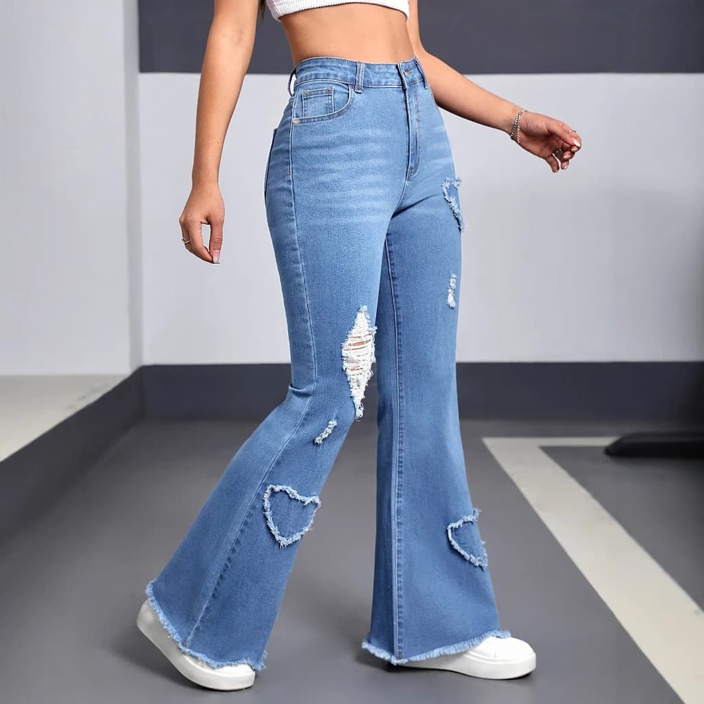 Mulheres jeans jeans feminino All-Match queimado guarnição moda Casual em forma de coração rasgado calças largas