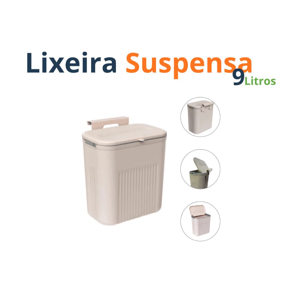 Lixeira Suspensa 9 Litros com Tampa e Suporte Adesivo para Cozinha Banheiro - BEGE