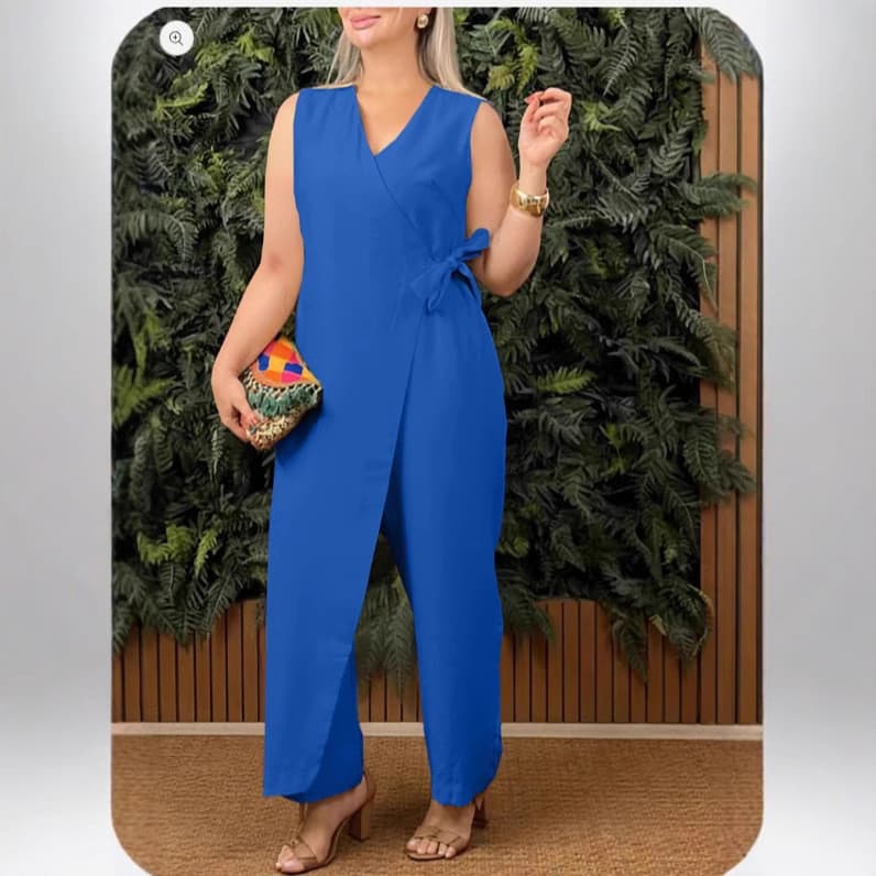 2026 Novo vestido macacão transfronteiriço de cor sólida feminino Casual com decote em V e alça cruzada
