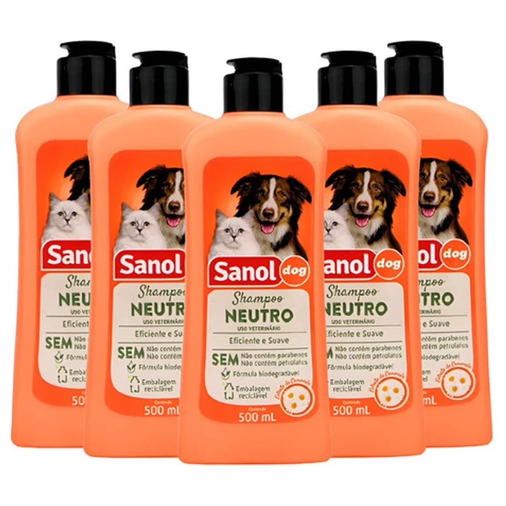 Kit 5x Shampoo Sanol Dog Neutro 500ml Cães Gatos pH Balanceado Queratina Camomila Hipoalergênico Biodegradável