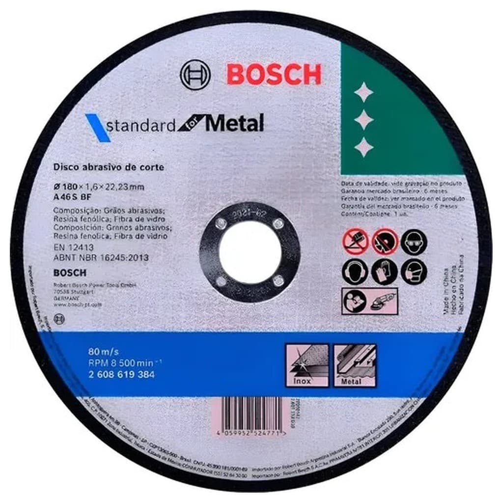 Disco Corte Bosch Metalinox STD 180x1,6mm 180mm 1,6mm 22,23mm 8500RPM para Metal Inox Esmerilhadeira 7 Pol