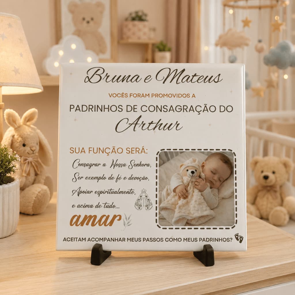 Azulejo Personalizado Padrinhos de Consagração com Foto | Convite Especial para Dindos | Decoração Religiosa com Suporte