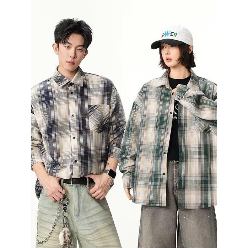 Estilo básico lapela xadrez camisa de manga comprida das mulheres dos homens na moda japonês Retro simples juventude cam