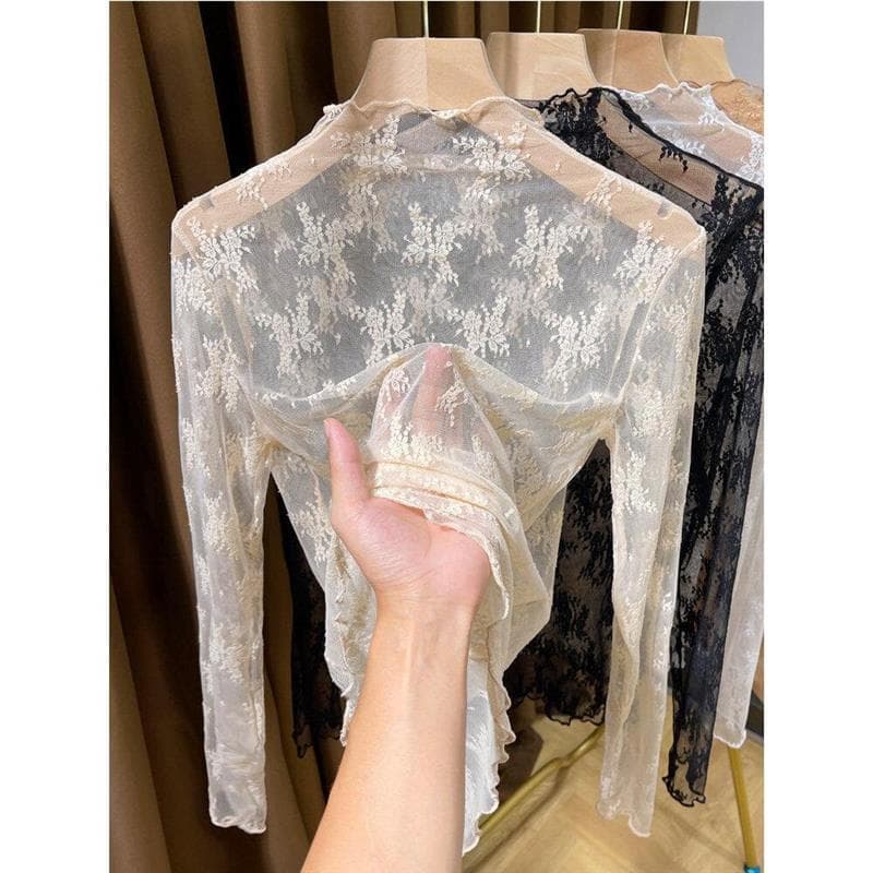 Transparente branco meia gola alta renda interior pequena camisa feminina outono inverno 2025 novo estilo fungo borda ma