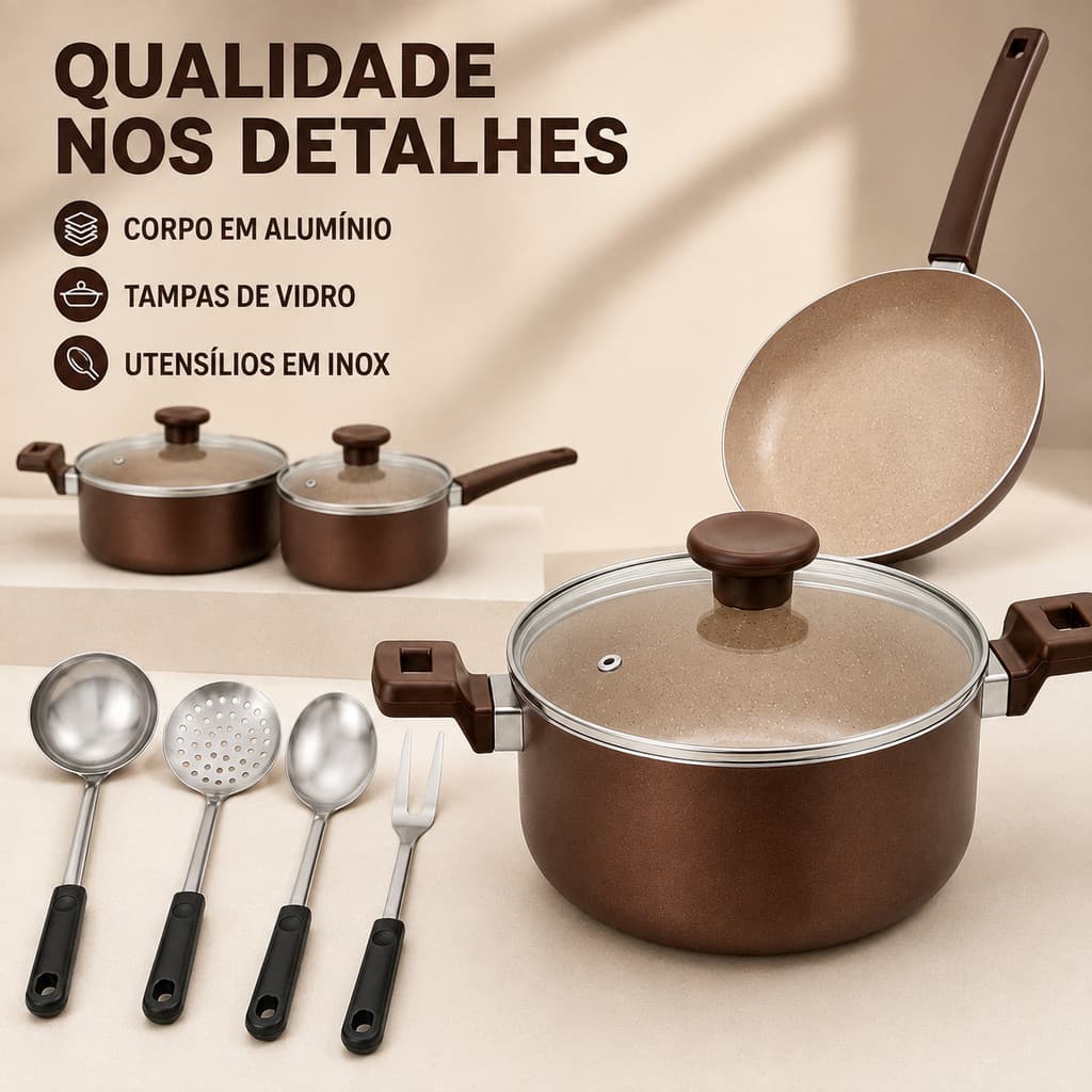 Jogo de Panelas 8 peças Antiaderente Apollo Teflon Tampa de Vidro com Utensilios