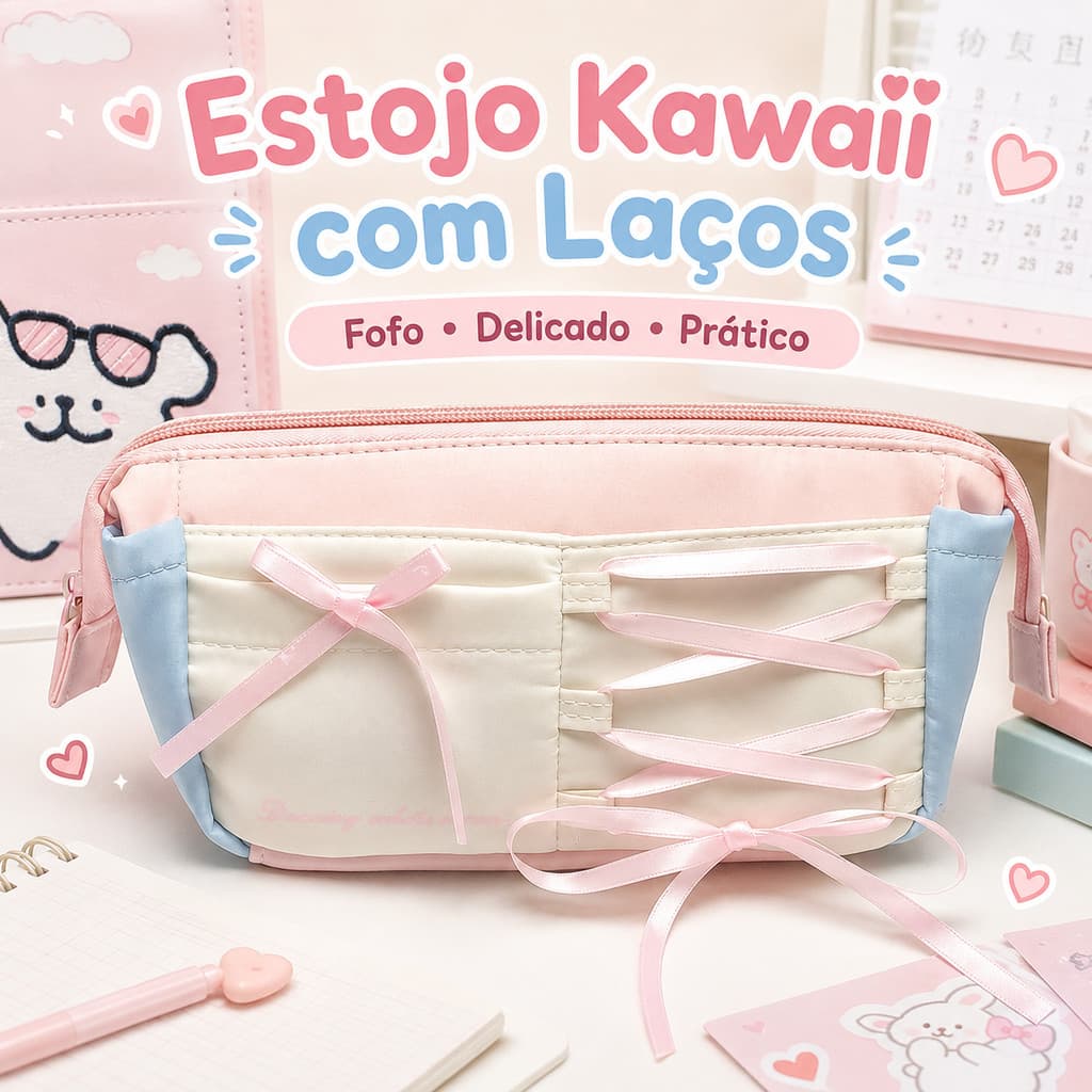 Estojo Escolar Feminino Kawaii Rosa com Laços para Lápis e Canetas Estilo Ballet