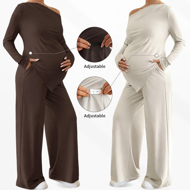 Conjunto de outono para gestantes com decote ombro a ombro, bainha assimétrica e calças de perna larga, conjunto casual