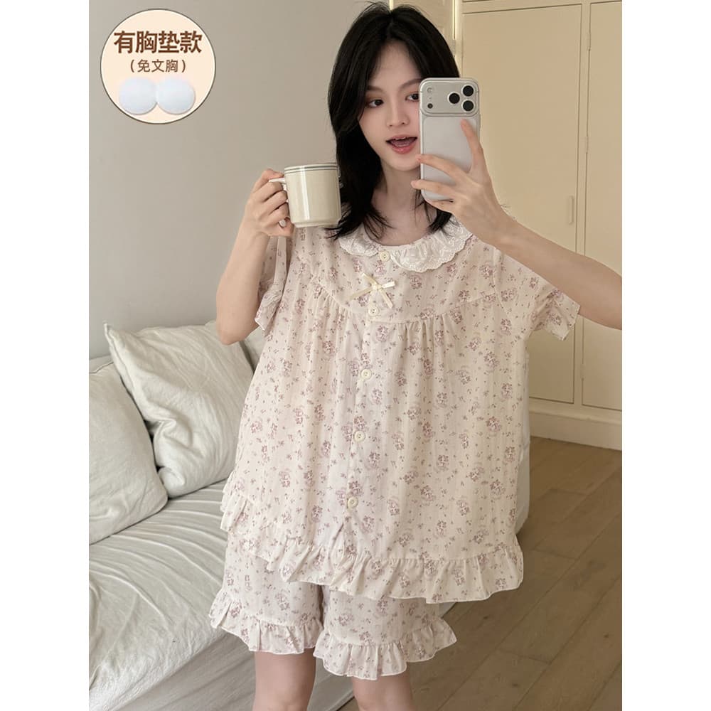 Lyocell pijamas de algodão puro feminino verão manga curta com almofada no peito 2026 novo Cardigan fino menina terno es