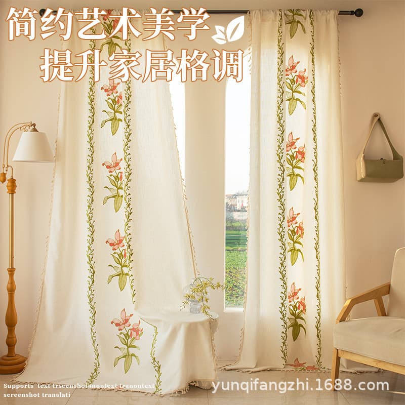 Cortinas de borla de linho de algodão estilo americano bordado Floral Semi-Blackout cortinas acabadas quarto varanda coz