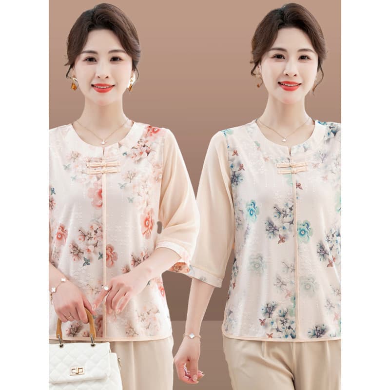 Novo estilo chinês estilo chinês impresso camiseta de meia-idade idosos senhoras verão solto capa barriga pequena camisa
