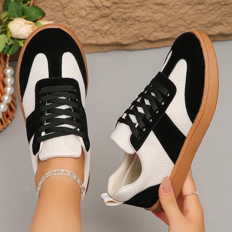 Senhoras novo estilo Retro alemão sapatos de treinamento malha respirável camurça costura rendas tênis planos sola de bo