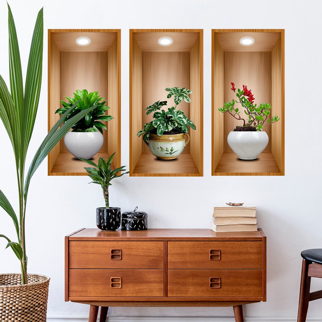 Adesivos de parede plantas verdes flores vasos plantas tríptico moldura falsa sala estar quarto fundo decoração da pared