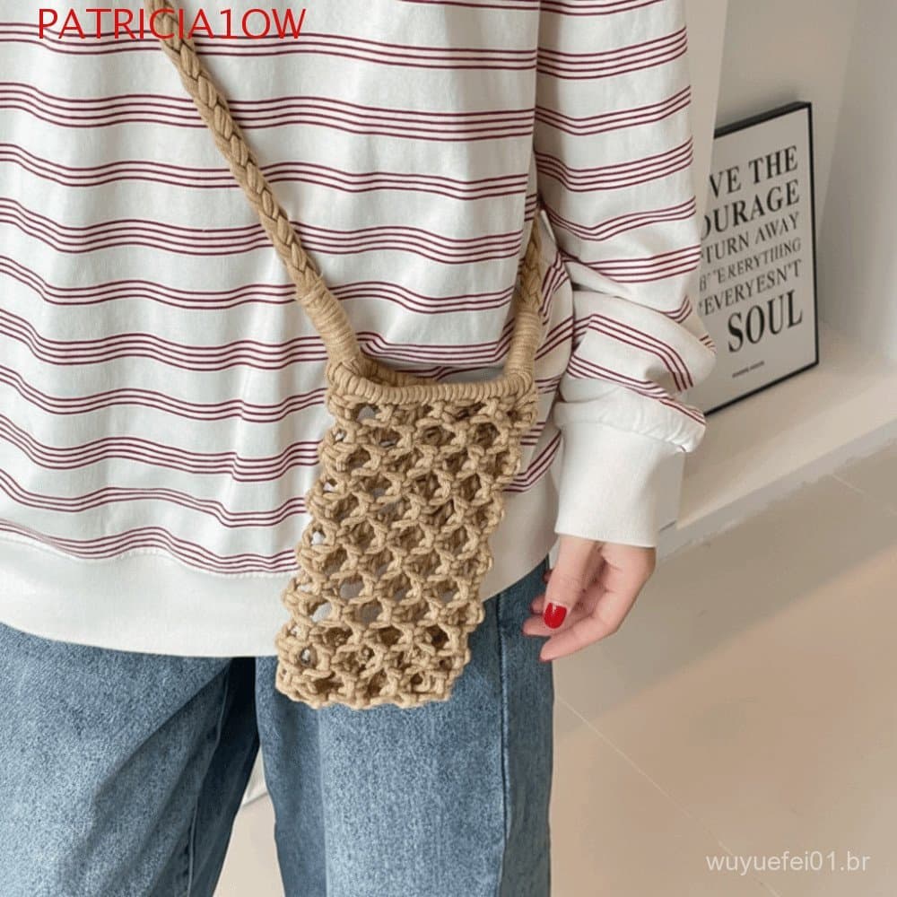 Bolsa de crochê para celular, mini bolsa transversal vazada, bolsa transversal quadrada de malha feita à mão