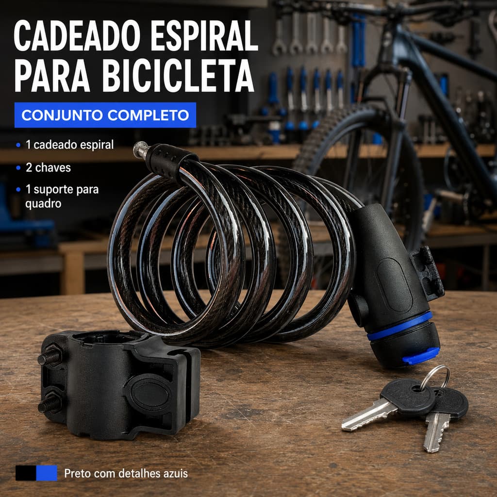 Trava Cabo de Aço Cadeado para Bicicleta Espiral Antifurto com Alta Resistência Uso Portátil e Fixação Segura