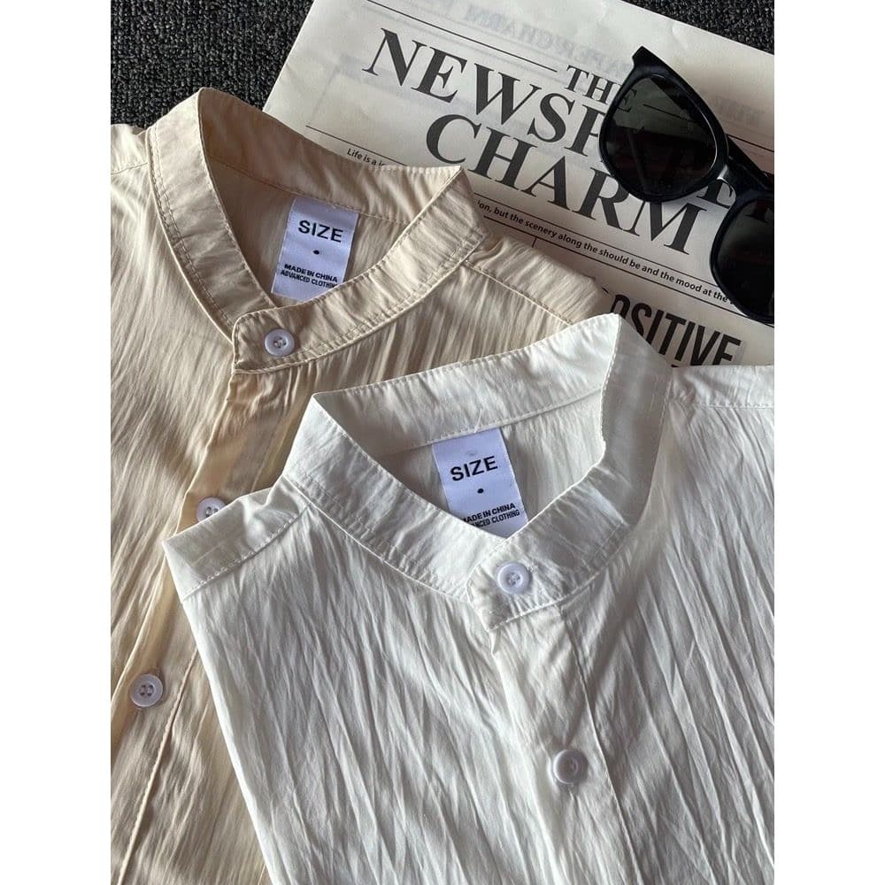 Verão gelo seda legal linho luz estilo de luxo Henry colarinho camisa curta estilo coreano meio aberto peito não-ferro c