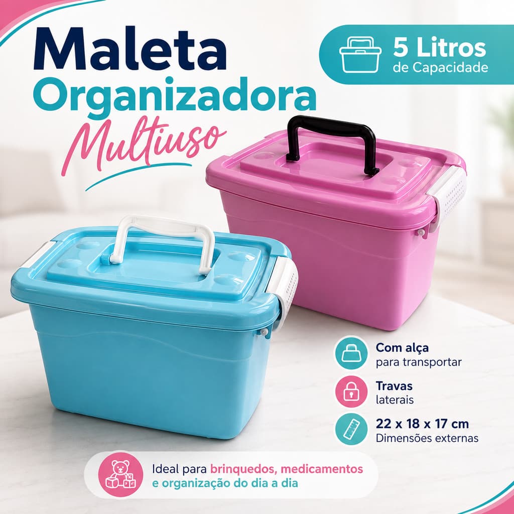 Caixa Organizadora Multiuso 5L com Alça Travas para Brinquedos e Remédios