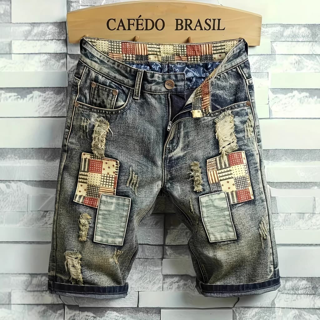 Shorts jeans masculinos, calças masculinas de comprimento médio rasgadas e com patchwork para o verão, shorts slim-fit,