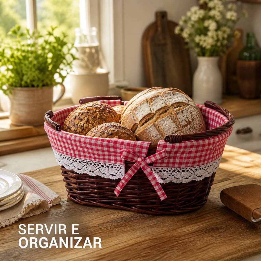 Cesta de Piquenique Oval com Forro Xadrez e Alças Para Servir Pães Café da manhã Praia Vime 35cm