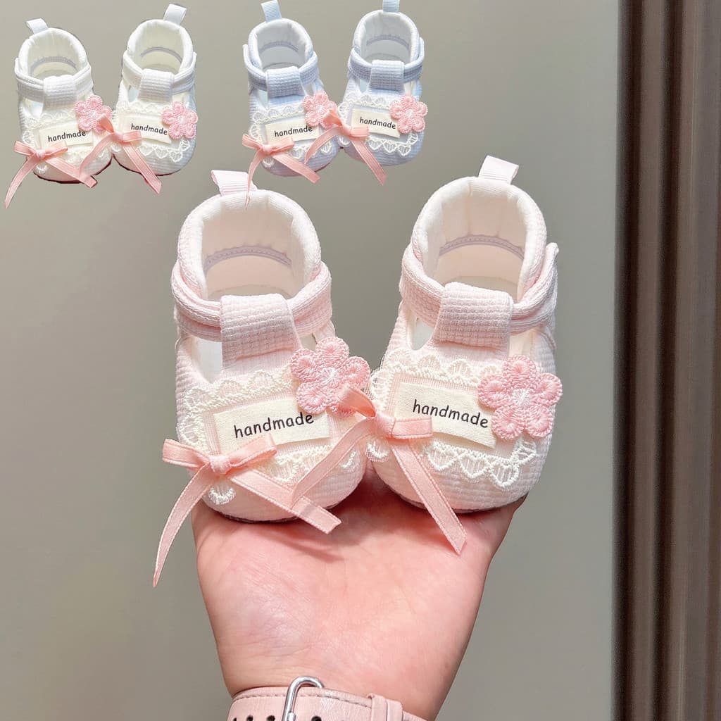 Primavera novo estilo de malha à mão diy crochê sapatos de bebê renda flor arco sapatos dianteiros do bebê rosa