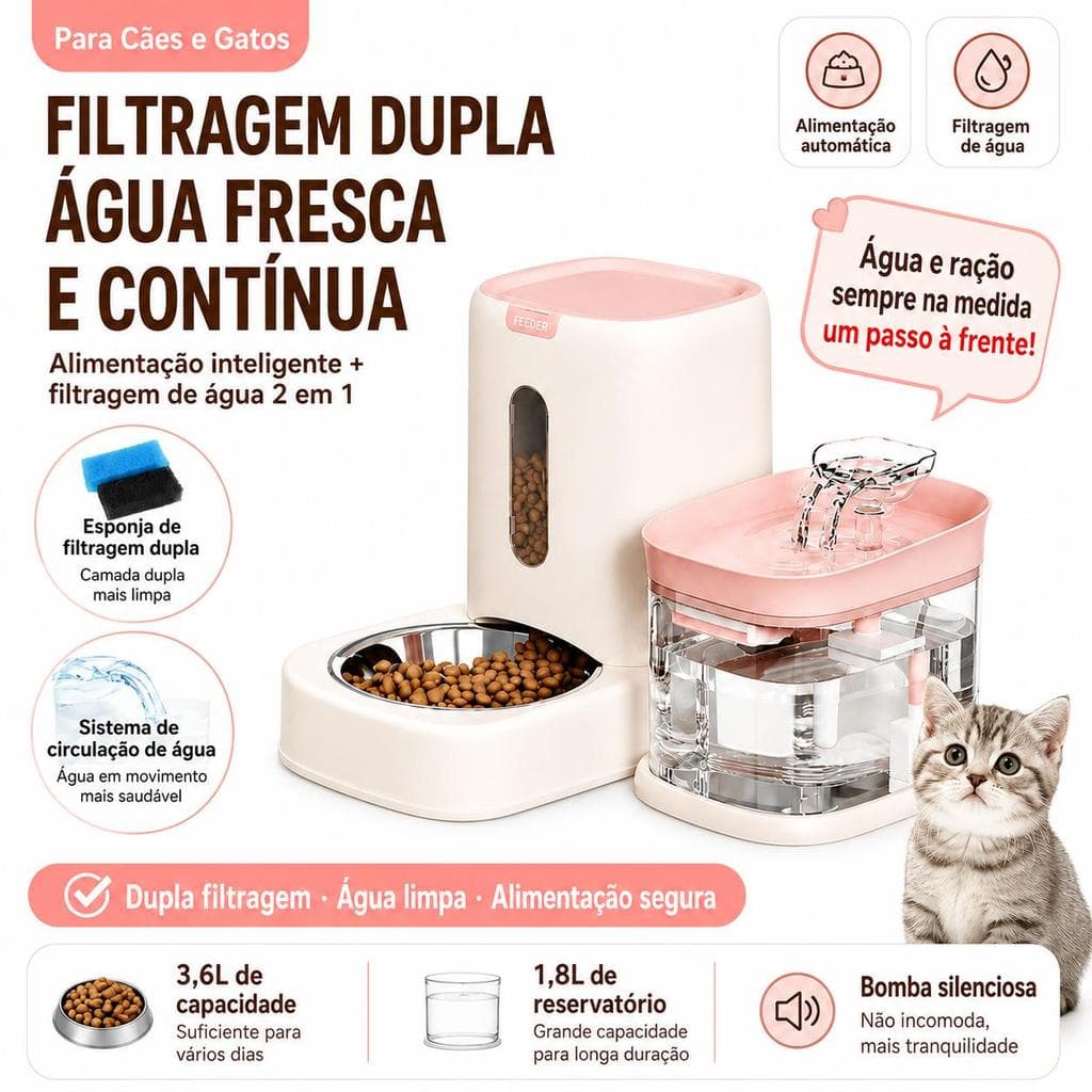 Kit 2 em 1 Alimentador Automático 3,6L + Fonte Bebedouro 1,8L com Filtro para Cães e Gatos