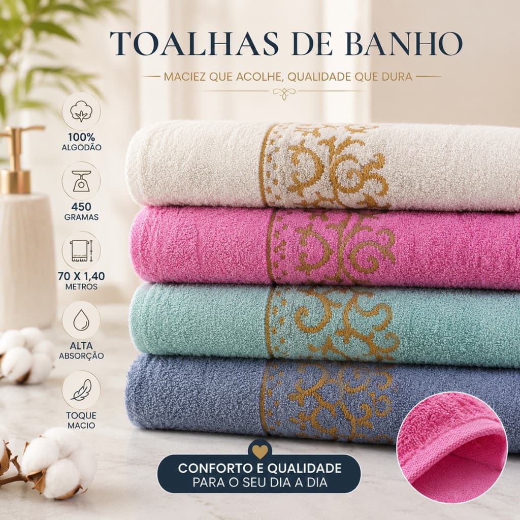 Kit 4 Toalha de Banho 70cm x140cm Alta Absorção Alta Qualidade Premium Luxo 100% Algodao