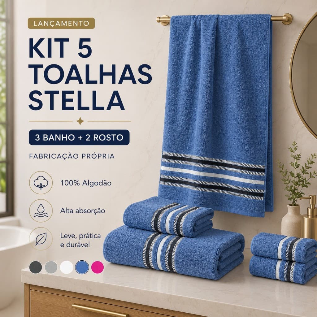 Jogo De Toalhas Stella 5 Peças 3 Banhos + 2 Rostos Adultos 100% Algodão alta absorção